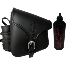 ALL SOFTAIL AND RIGID FRAMES LEFT SIDE SADDLE BAG BLACK W/ BLACK ALLIGATOR BELT & SPARE FUEL BOTTLE SSBBL03V05BH